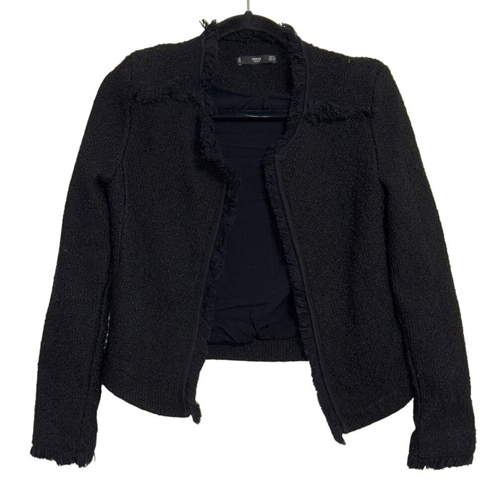 Mango Open Front Fringe Trim Cropped Blazer Jacket Black Size XS
